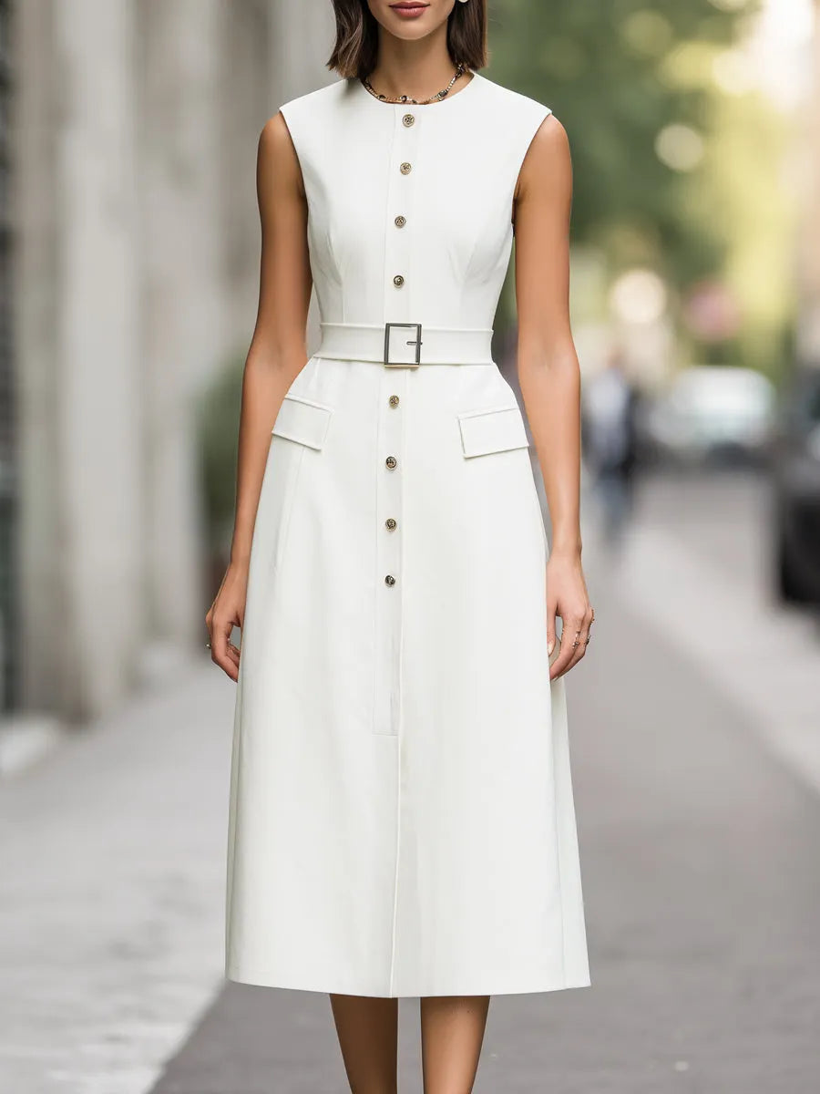 Sleeveless Button-Front Belted A-Line Midi Dress