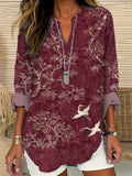 Botanical & Crane Japanese Pattern Women's Linen V-Neck Shirt