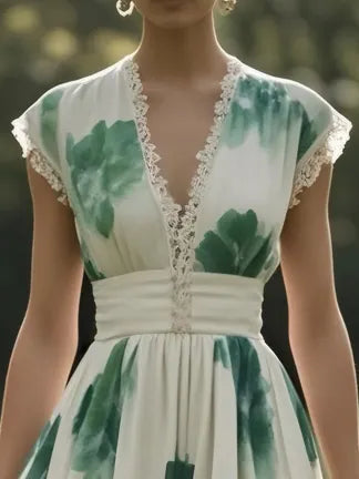 (SIZE:XS-XXL)Linen Maxi Dress, Sleeveless, V neck, Floral, Vintage, Green