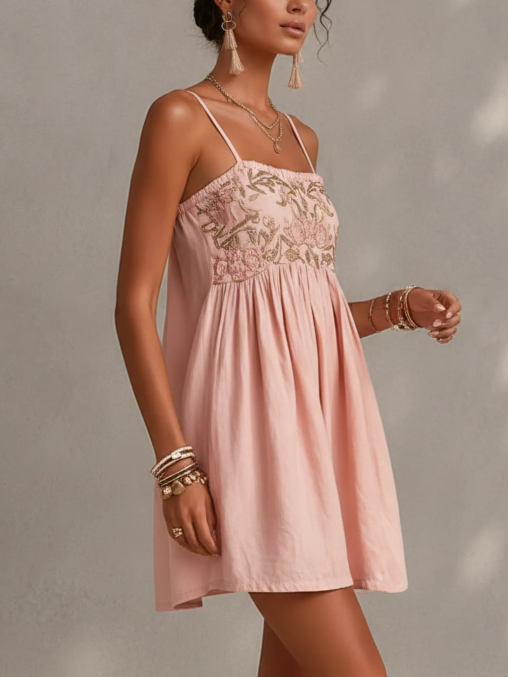 Pink Vintage Embroidered Linen Cotton Mini Cami Dress