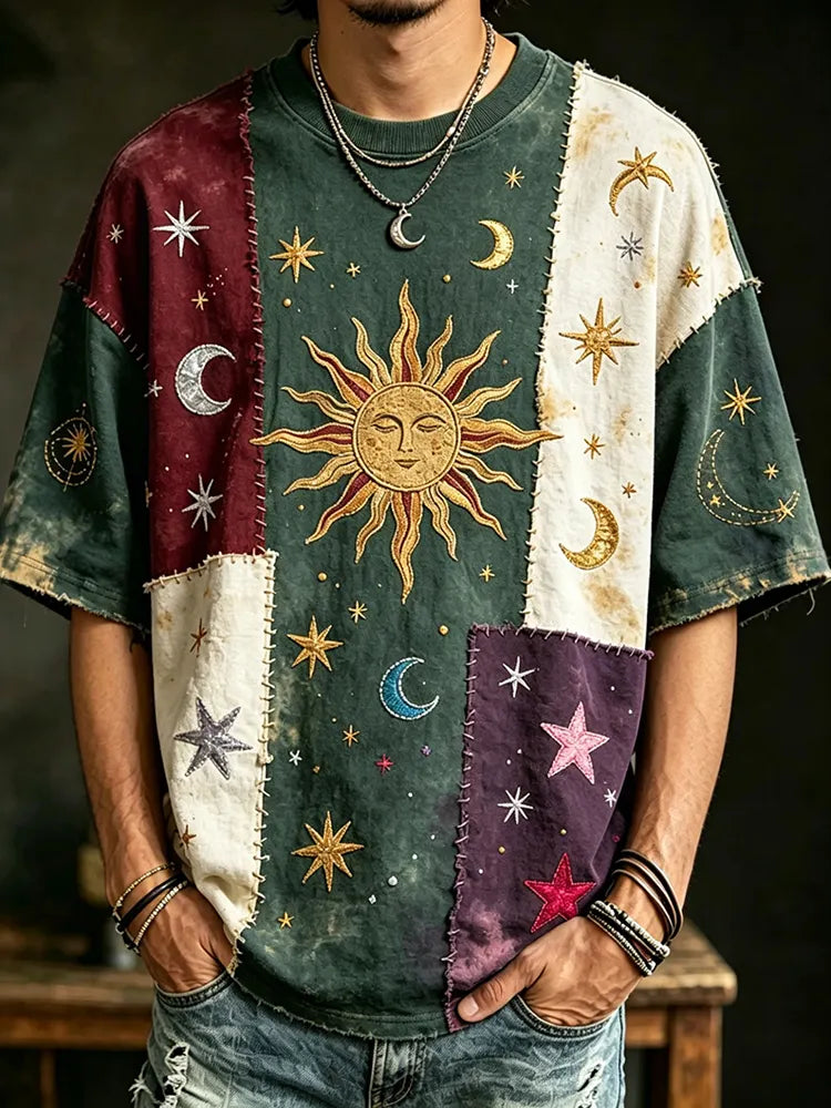 Men's Hippie Style  Sun And Moon Patchwork Art Casual T-shirt