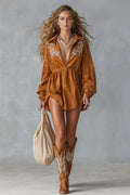 Women's Caramel Suede-Effect Long Sleeve Wrap Maxi Dress