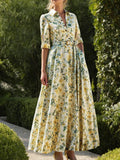 Maxi Linen Dress, Half Sleeve, Shawl Collar, Floral, Button Design, Vintage, Beige