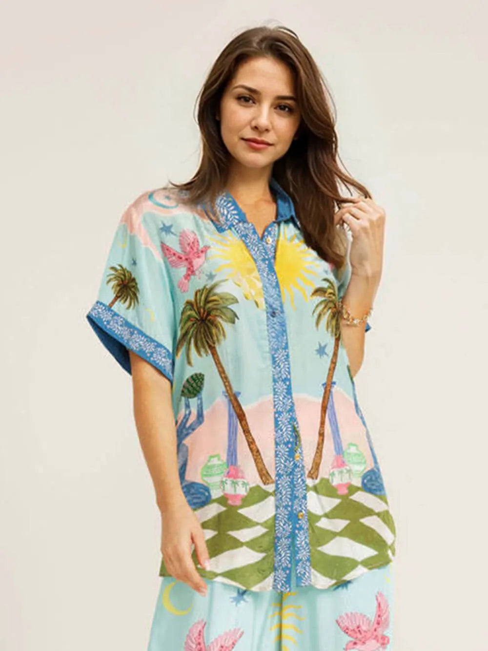 Casual Palm Tree Print Elastic Waist Pocket Wide-Leg Pants