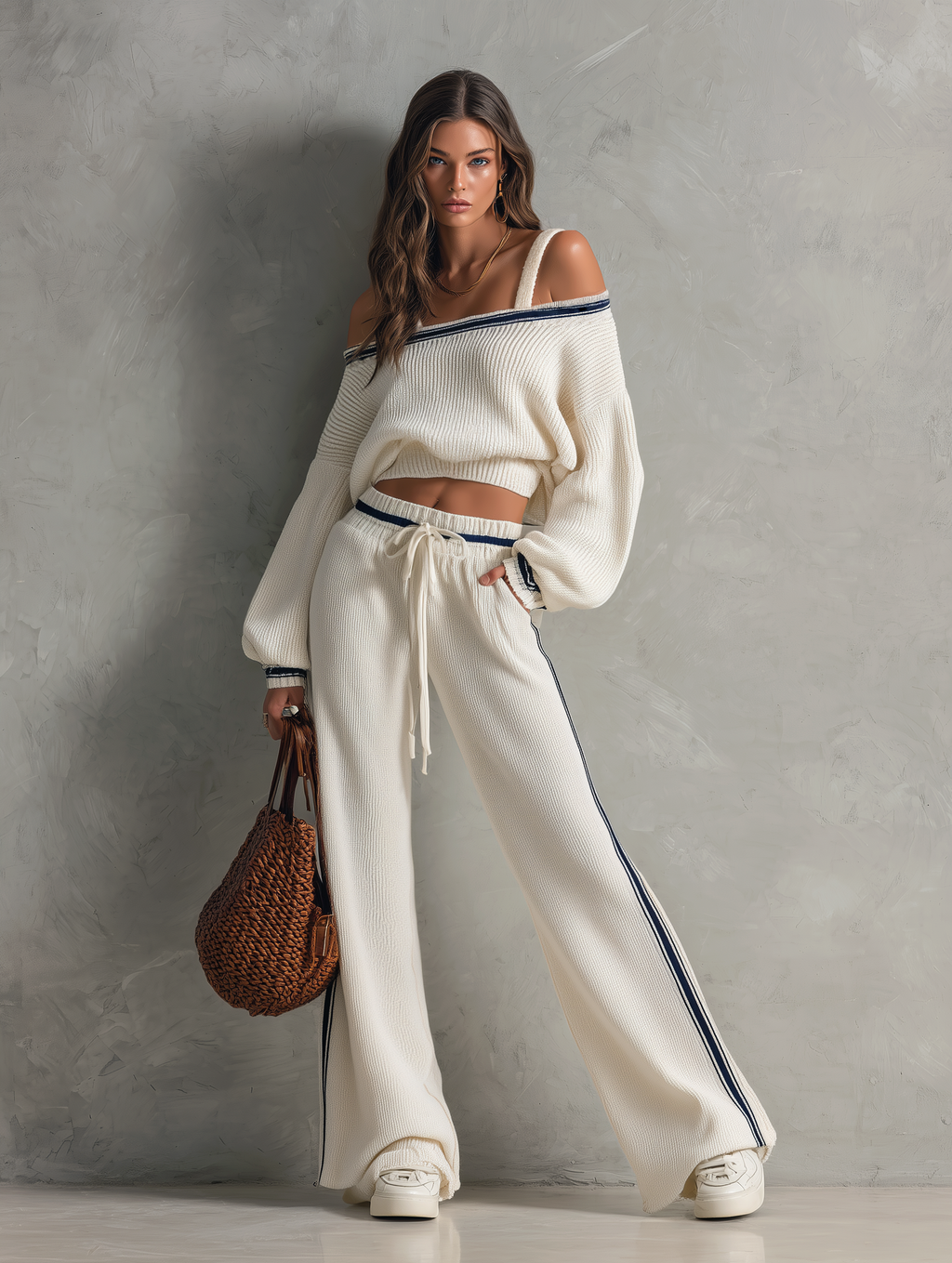Women's Casual Beige Knitted Long-sleeve Sweater And Knit Trousers Set MDZ2362G4LXY