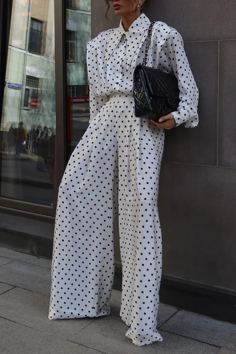 Women's Casual Loose Polka-Dot Shirts Pants Set
