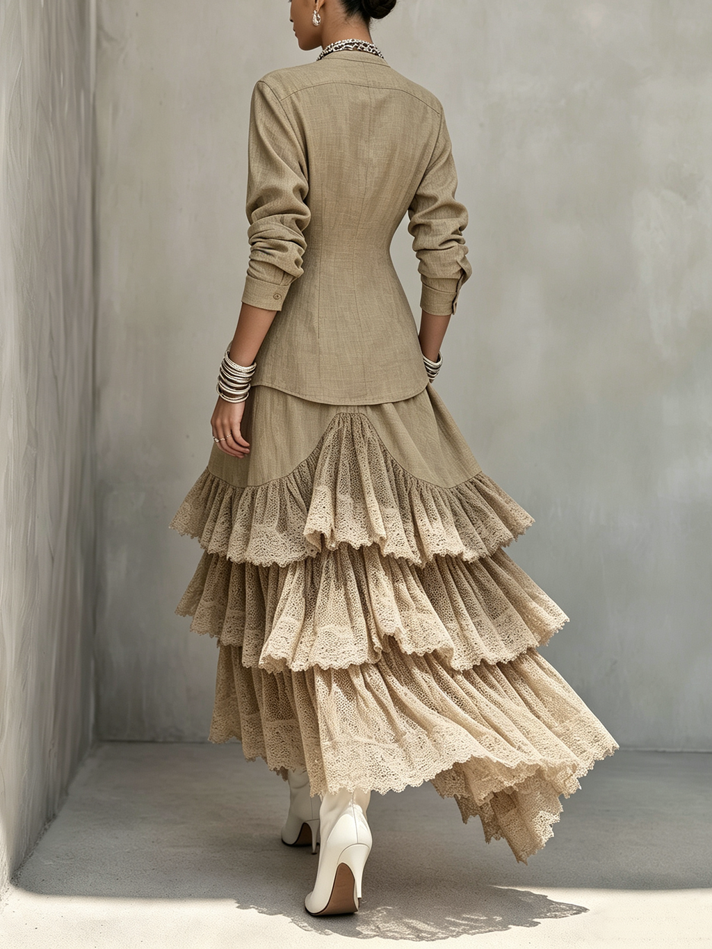 Khaki Textured Button-Front Top And Tiered Ruffle Skirt Set