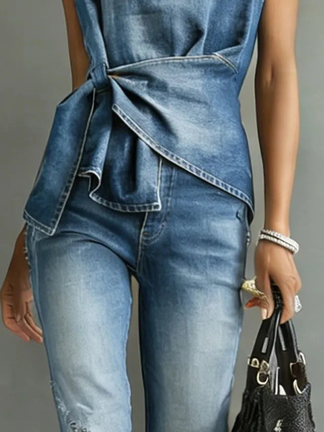 Denim Casual Plain Knot Front Crew Neck  Top