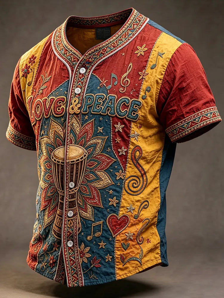 Men's Hippie Color-blocked Retro Ethnic Print Short-sleeved Cotton And Linen Shirt