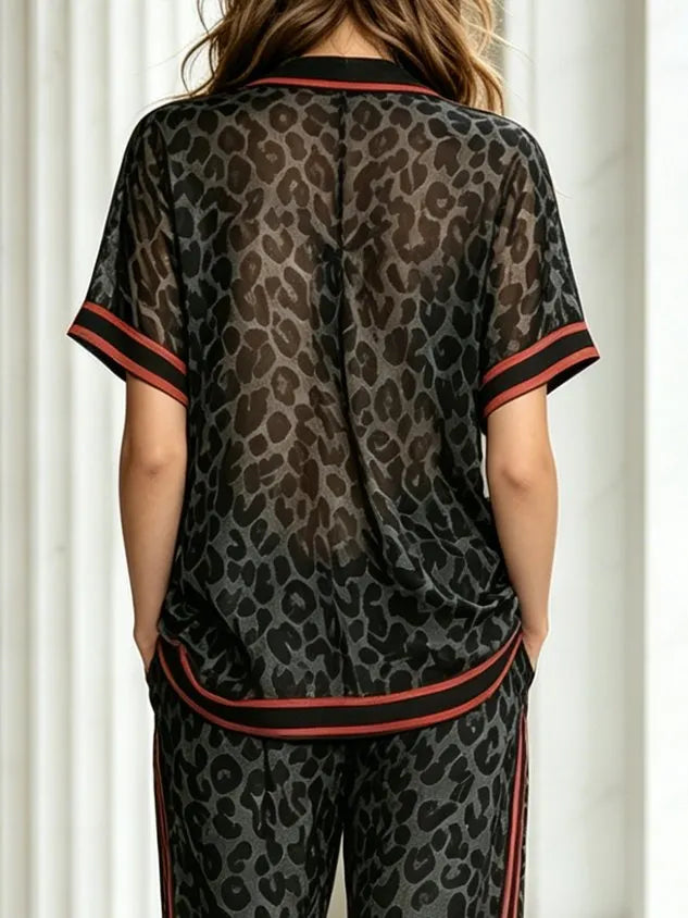 Casual Leopard Printing Shawl Collar Blouse
