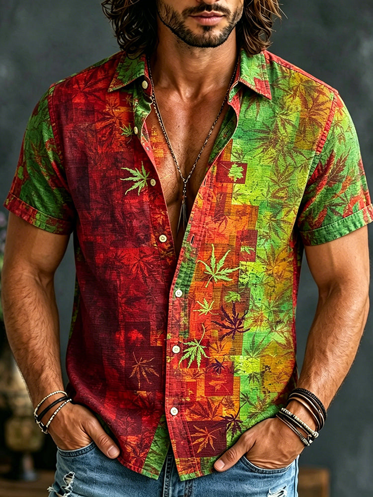 Men's Tie-dye Leaf Print Hippie Vacation Short-sleeved Linen Shirt
