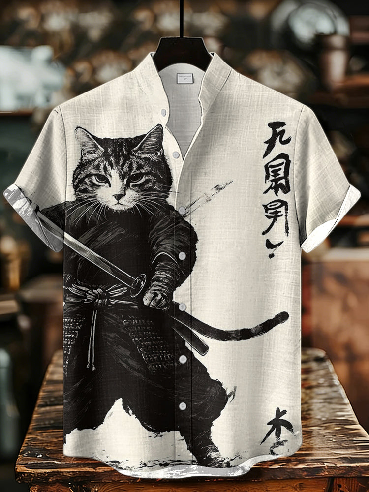 Men's Vintage  Japanese Art  Cat Print Casual Shirt