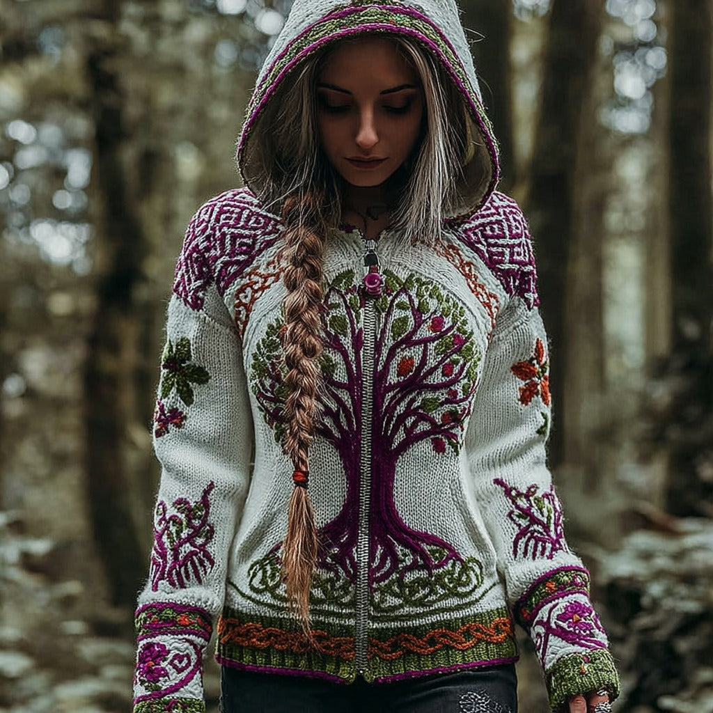 Women's Vintage Viking Celtic Knot Tree Of Life Art Knit Zip-up Hooded Sweater