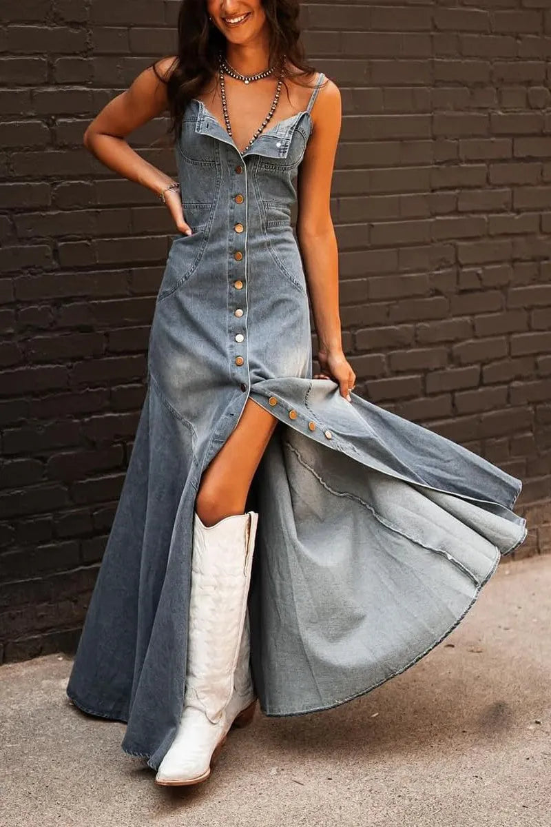 Women's Spaghetti Strap Smocked Back Denim Dress Button Down A-Line Swing Flowy Maxi Jean Dress