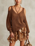 Brown Open-Knit Mini Dress With Printed Layered
