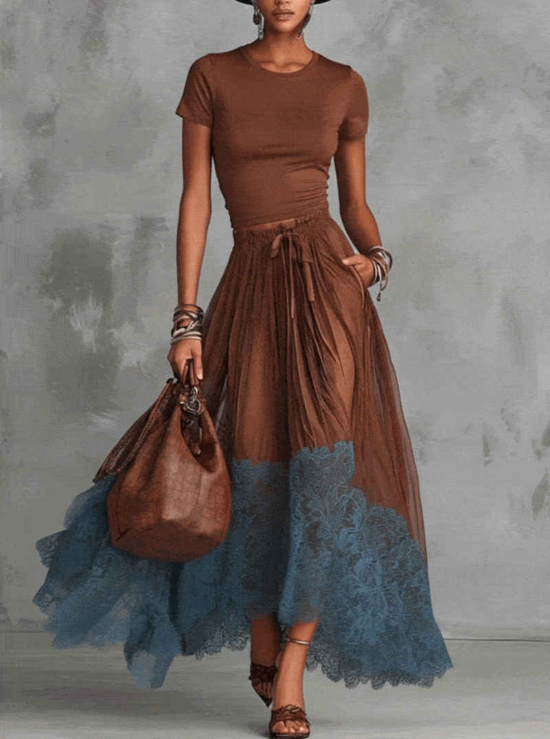 24-Hour-Shipping Brown Short Sleeve Shirt And Blue Lace-Trim Tulle Maxi Skirt Set