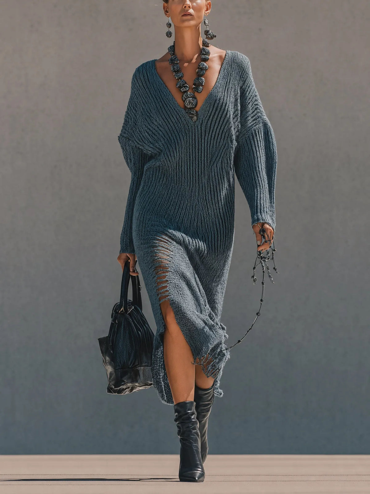 Blue Distressed Knit Batwing Maxi Dress