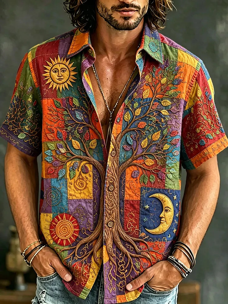Men's Vintage Patchwork Tree Of Life Sun Moon Art Print Short Sleeve Shirt