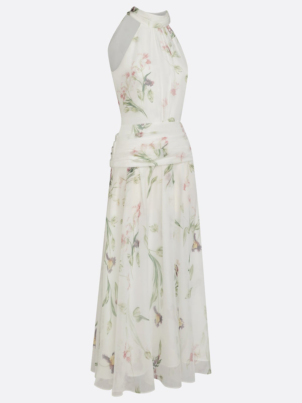White Ruched Floral Chiffon Halter Neck Sleeveless A-Line Floor-length Gown Dress