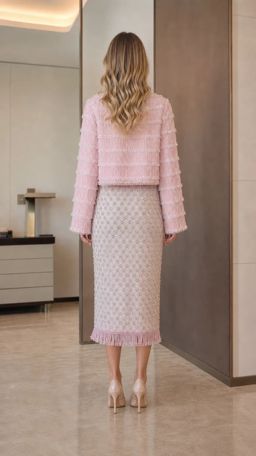 Elegance Tweed Open-Front Crop Jacket & Midi Skirt Set