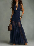 Boho-style Halter-neck Smocking Mesh Paneling Maxi Dress