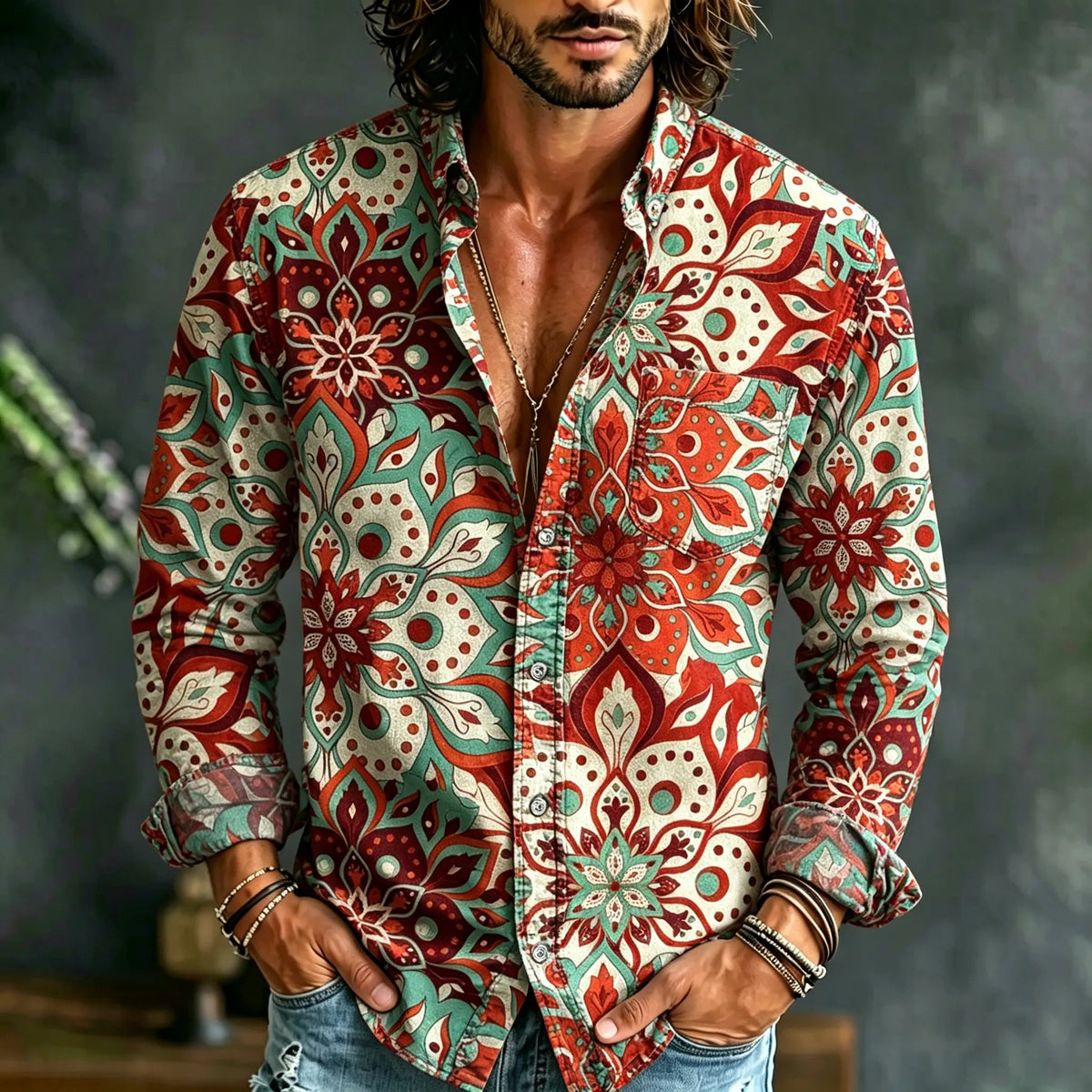 Men's Retro Ethnic Floral Long-sleeved Cotton Linen Shirt