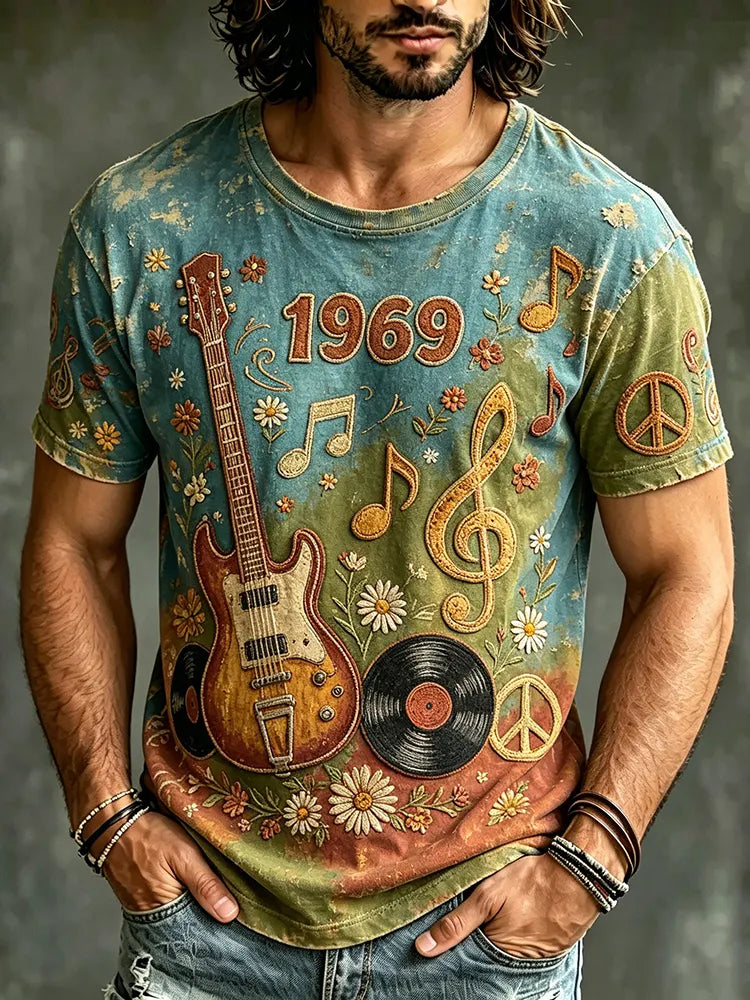 Men's Retro Hippie Music Guitar Print Casual T-shirt