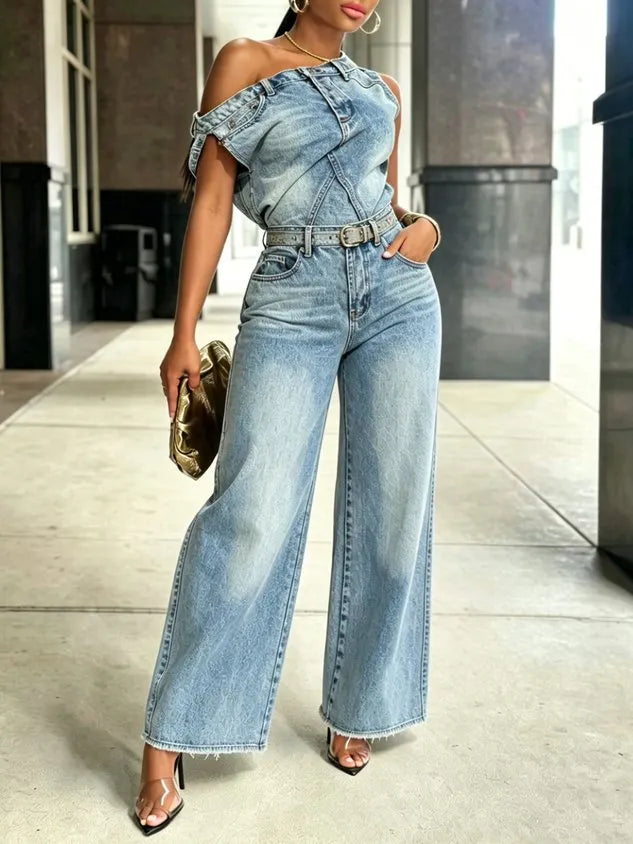 Casual Plain Distressing Off The Shoulder Denim Top