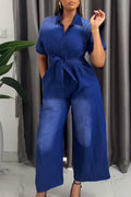 Women's  Casual Gradient Blue Lapel Short Sleeve Tie Waist Wide Leg Denim Jumpsuit