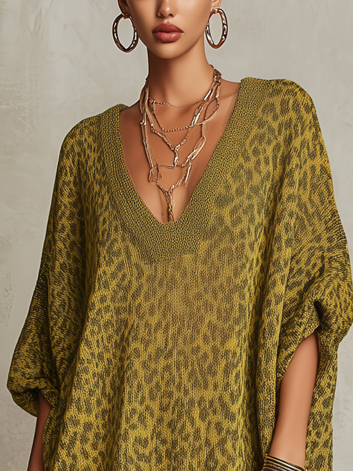 Olive Leopard Fringe Hem Oversized Knit Mini Dress
