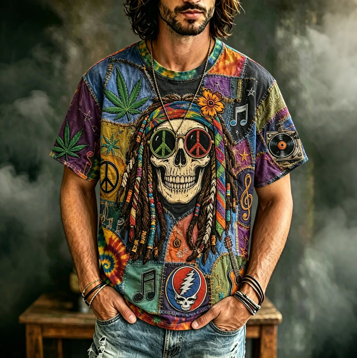 Men's Hippie Pirate Skull Tie-dye Peace Sign All Over Print Casual T-shirt