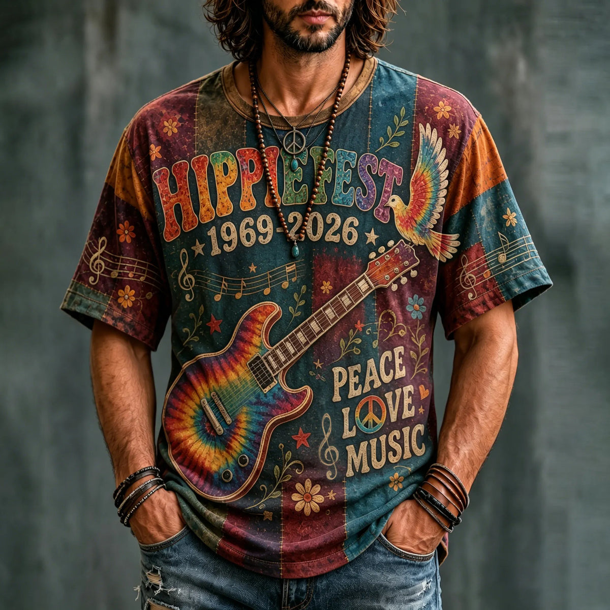 Men's Hippie Music Pigeons With Guitar Tie Dye Art Pattern Print T-shirt