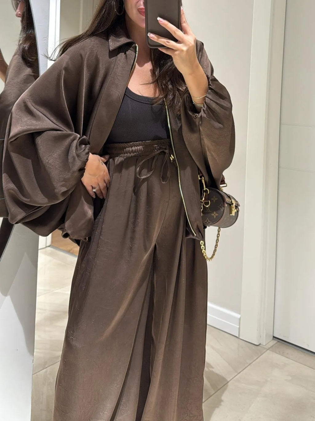 Brown Jacket + Drawstring Pants Casual Two-piece Suit