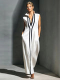 Minimalist Contrast Stripe Maxi Dress - Elegant V-Neck Sleeveless Gown with Pockets