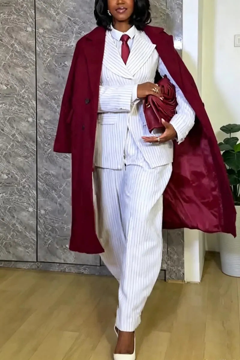 Women Collar Vertical Stripe Jacket+ Wide Leg Pants Temperament Commuting Formal Suit