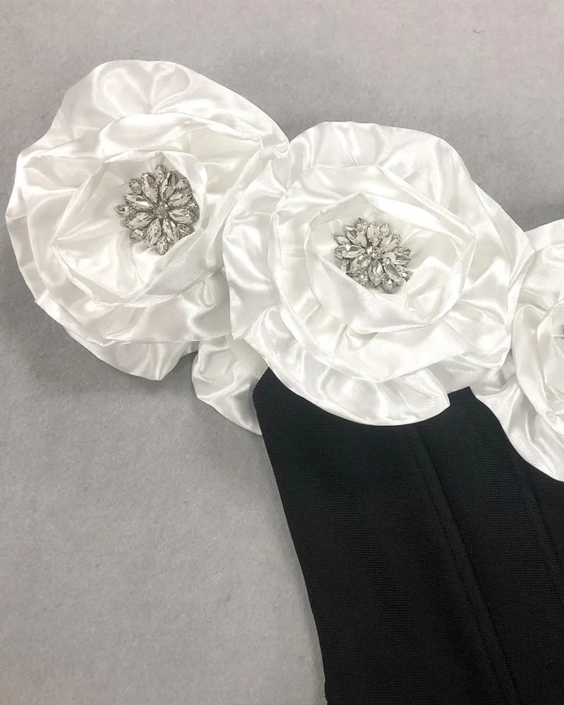 Crystal Detail Floral Bardot Maxi Dress Black White
