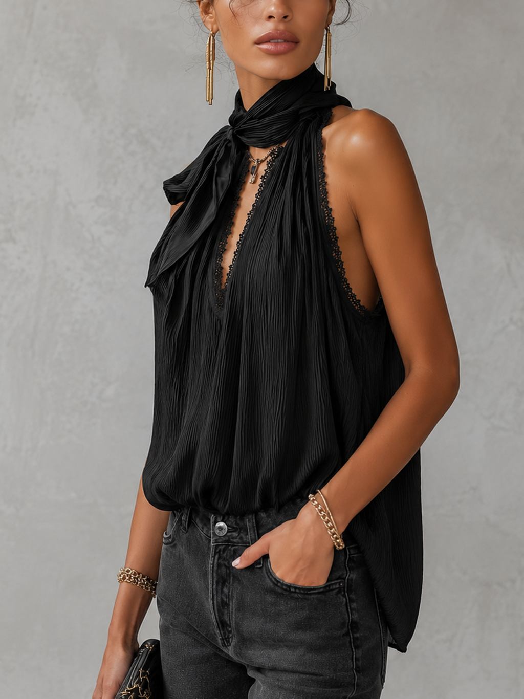 Black Textured Sleeveless Lace Trim Top With Bow Neck