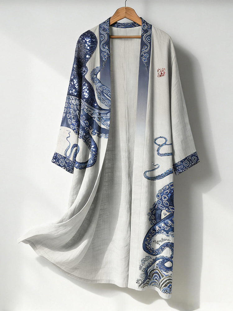 Men's Japanese Octopus Art Print Linen Long Kimono