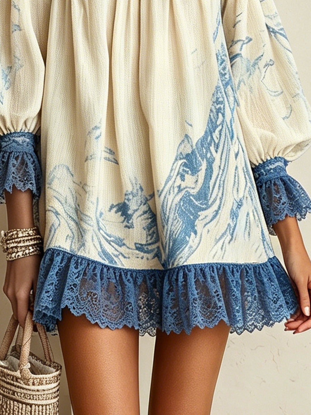 Off-Shoulder Cream And Blue Mini Dress With Lace Trim And Puff Sleeves
