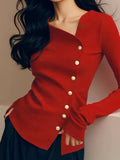 Long Sleeves Skinny Buttoned Pleated Solid Color T-Shirts Tops