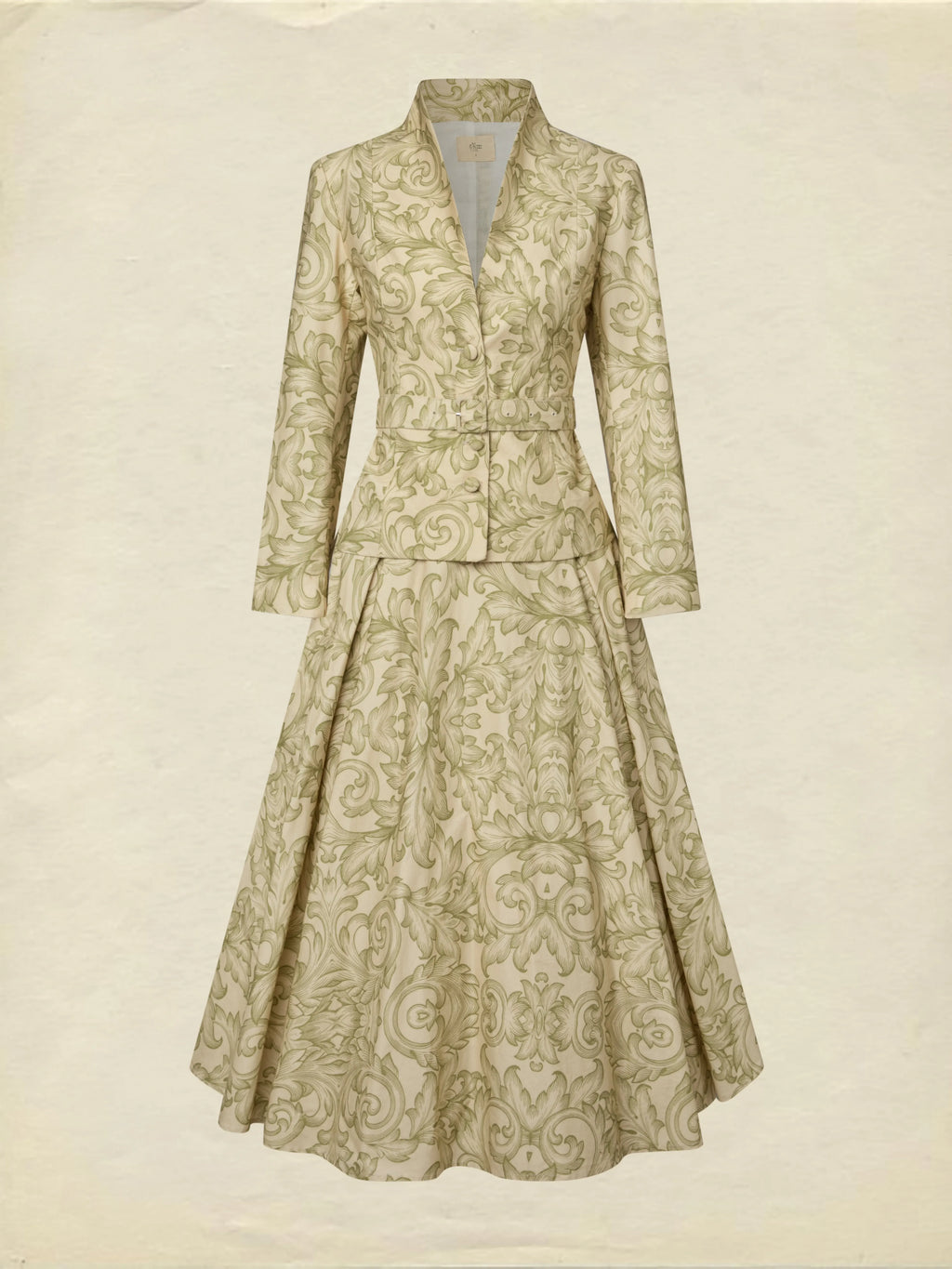 Midi Cotton Skirt Set, Long Sleeves, V Neck, Leaf, Plants, Button Design, Vintage, Light Khaki