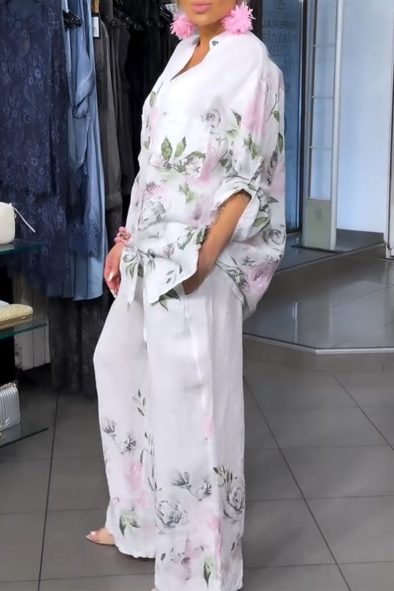 Women V-neck Printed Top+ Wide Leg Pants Loose Casual Cotton and Linen Set