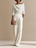 Women's Elegant Draped Boat-Neck Long-Sleeve Top & High-Waisted Wide-Leg Trouser Set