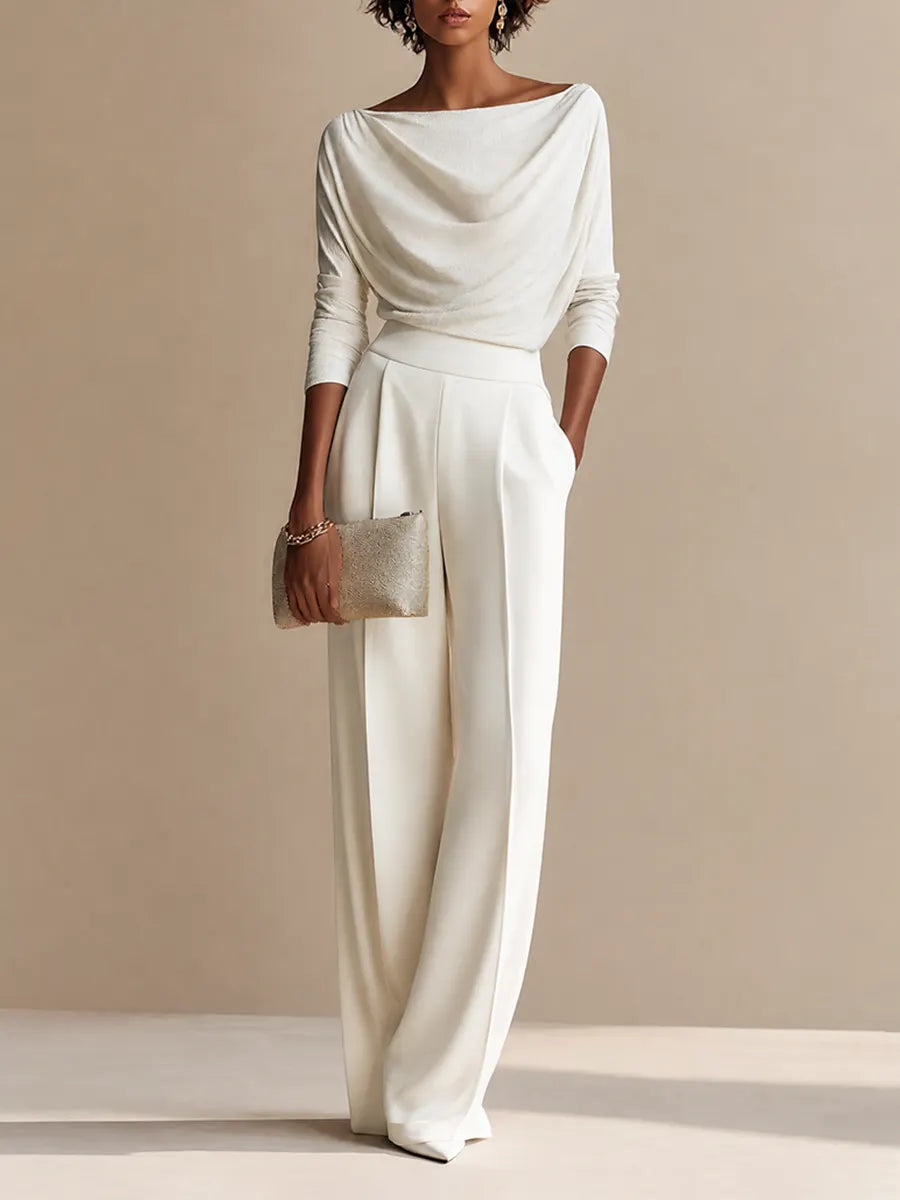 Women's Elegant Draped Boat-Neck Long-Sleeve Top & High-Waisted Wide-Leg Trouser Set