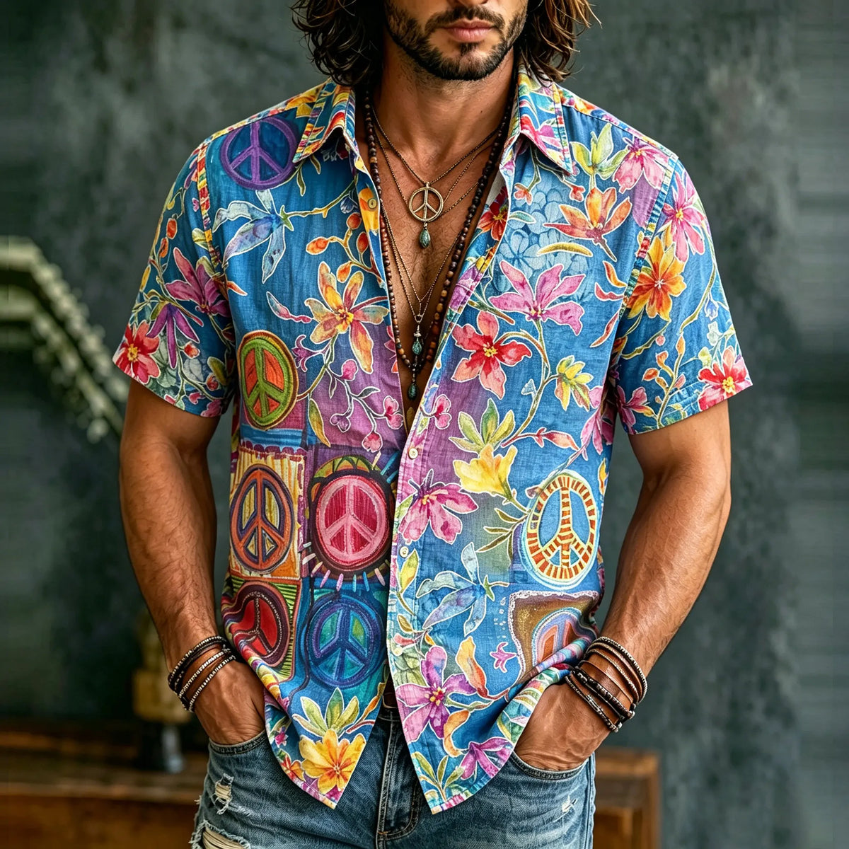 Men's Retro Hippie Flowers And Peace Graffiti Art Pattern Casual Shirt