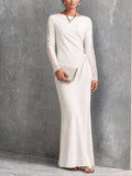 Women's Elegant Ivory Knit Cotton Blend Lace Sleeve Ruched Waist Maxi Dress MDZ2432G5GMJ