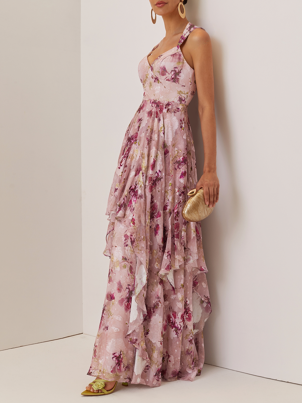 Pink Floral Jacquard Chiffon Sweetheart Neckline Sleeveless A-Line Floor-length Gown Dress