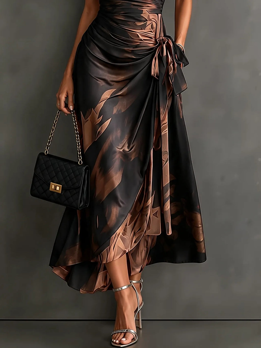 Red Black Abstract Print Wrap Midi Dress Collared V Neck Short Sleeve Tie Waist Ruffled High‑Low Hem Dress