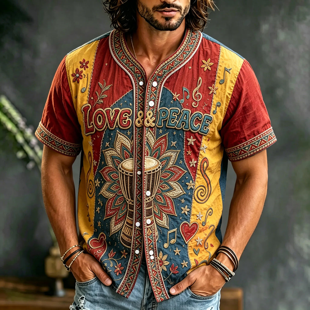 Men's Hippie Color-blocked Retro Ethnic Print Short-sleeved Cotton And Linen Shirt