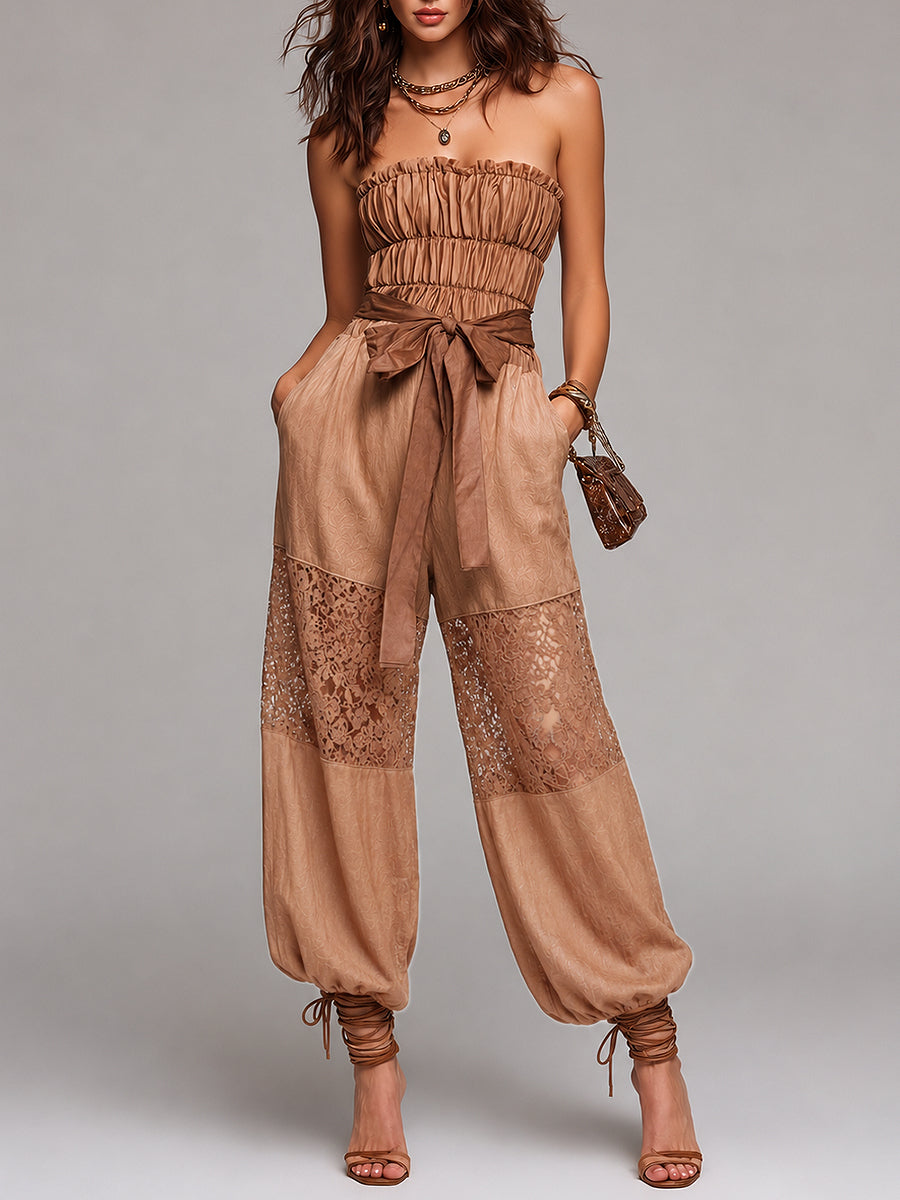 Boho Strapless Shirred Lace-Paneled Balloon Jumpsuit